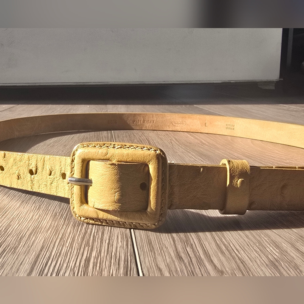 Italian Leather Belt Tan Ostrich Embossed Talbots Size L Camel Brass Buckle